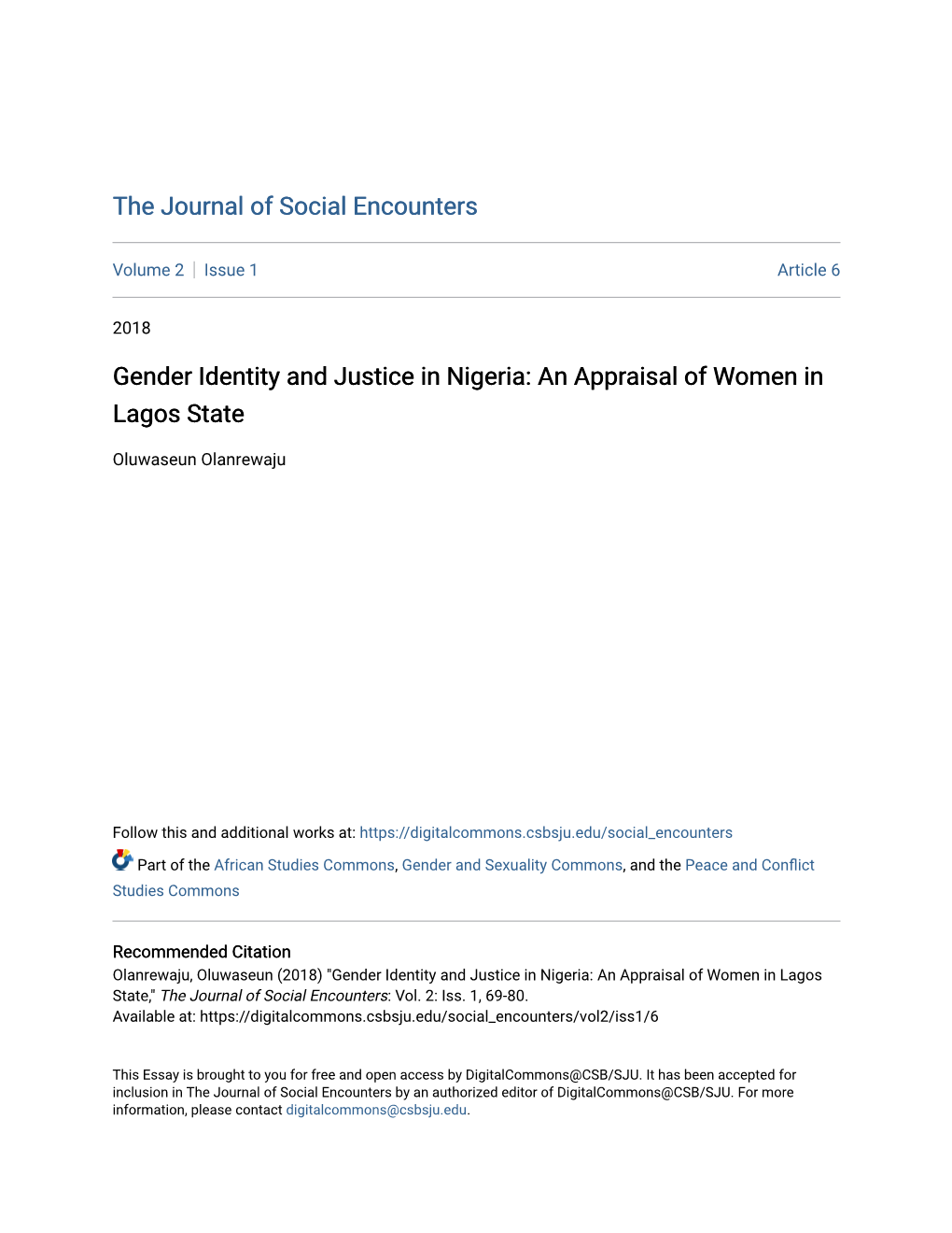 Gender Identity and Justice in Nigeria: an Appraisal of Women in Lagos State
