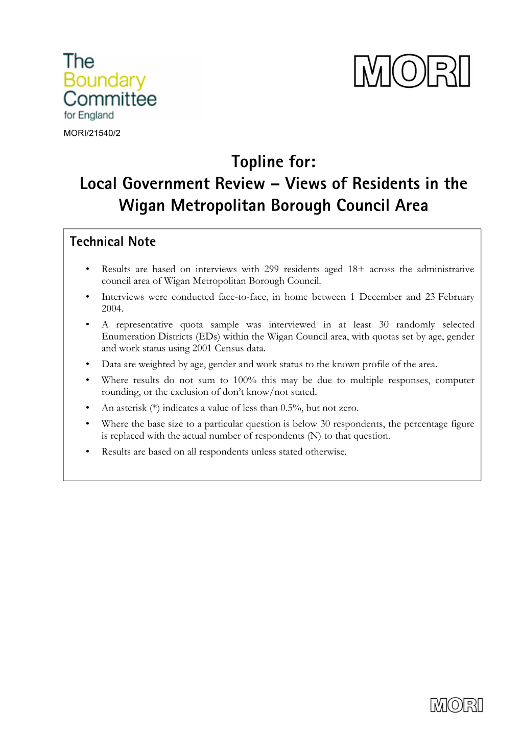 Topline For: Local Government Review – Views of Residents in the Wigan Metropolitan Borough Council Area