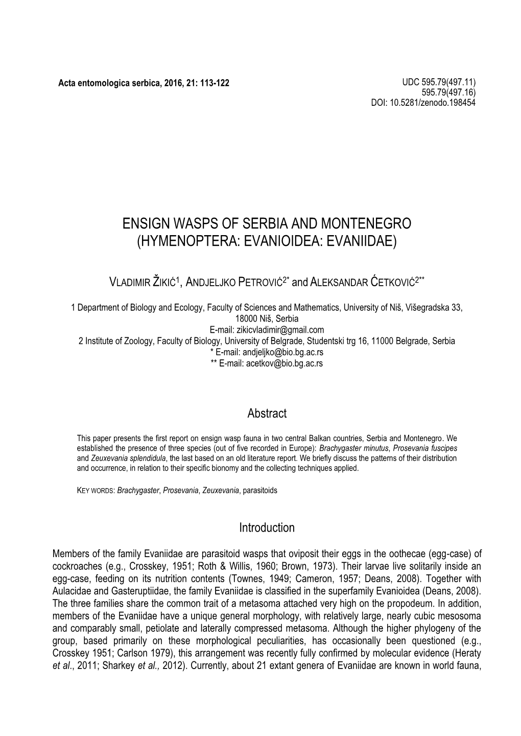 Ensign Wasps of Serbia and Montenegro (Hymenoptera: Evanioidea: Evaniidae)