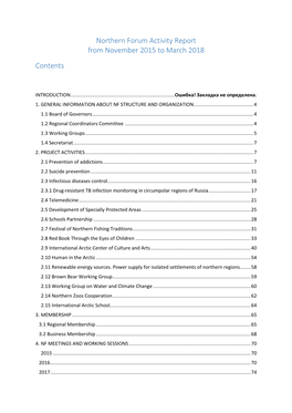 Northern Forum Activity Report from November 2015 to March 2018 Contents