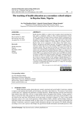 The Teaching of Health Education As a Secondary School Subject in Bayelsa State, Nigeria