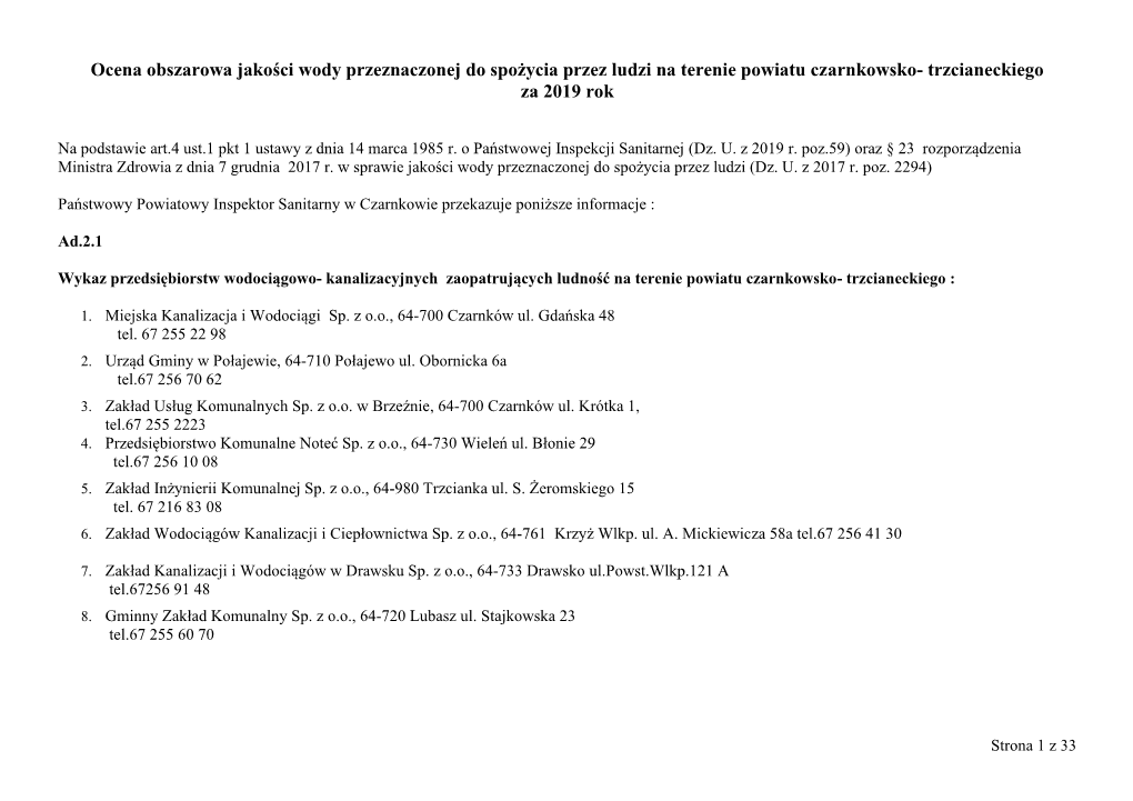 Ocena Obszarowa Jakości Wody Przeznaczonej Do Spożycia Przez Ludzi Na Terenie Powiatu Czarnkowsko- Trzcianeckiego Za 2019 Rok
