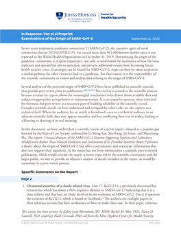 Yan Et Al Preprint Examinations of the Origin of SARS-Cov-2 September 21, 2020