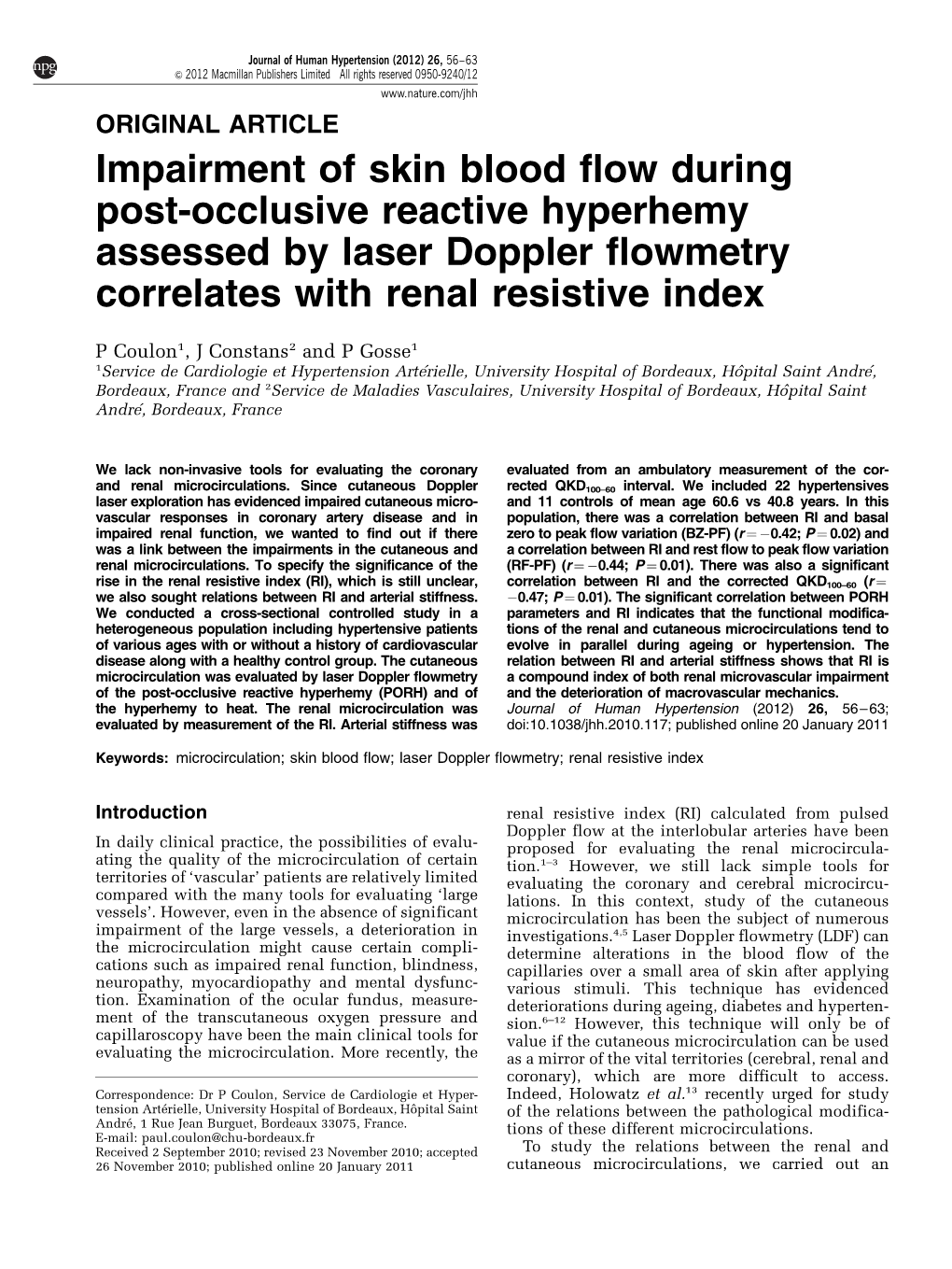 Impairment of Skin Blood Flow During Post-Occlusive Reactive Hyperhemy Assessed by Laser Doppler Flowmetry Correlates with Renal Resistive Index