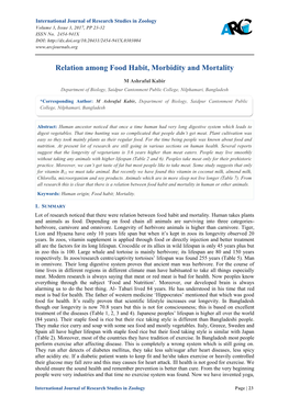 Relation Among Food Habit, Morbidity and Mortality