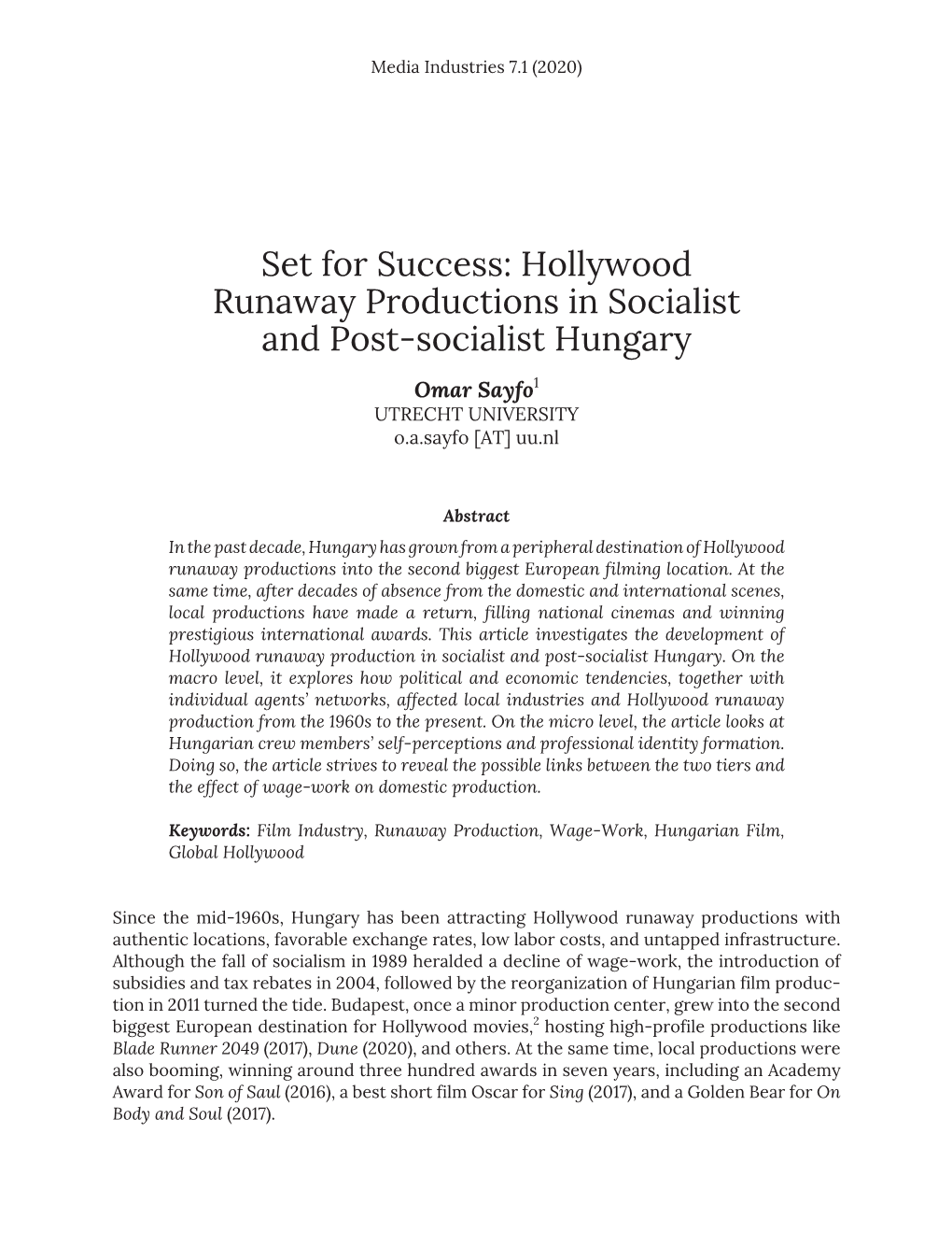 Hollywood Runaway Productions in Socialist and Post-Socialist Hungary