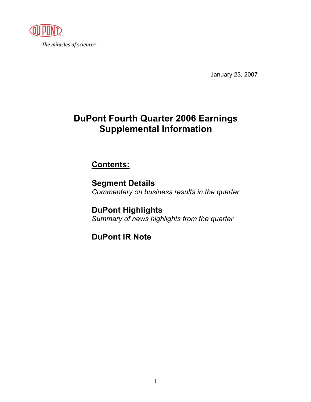 Dupont Fourth Quarter 2006 Earnings Supplemental Information