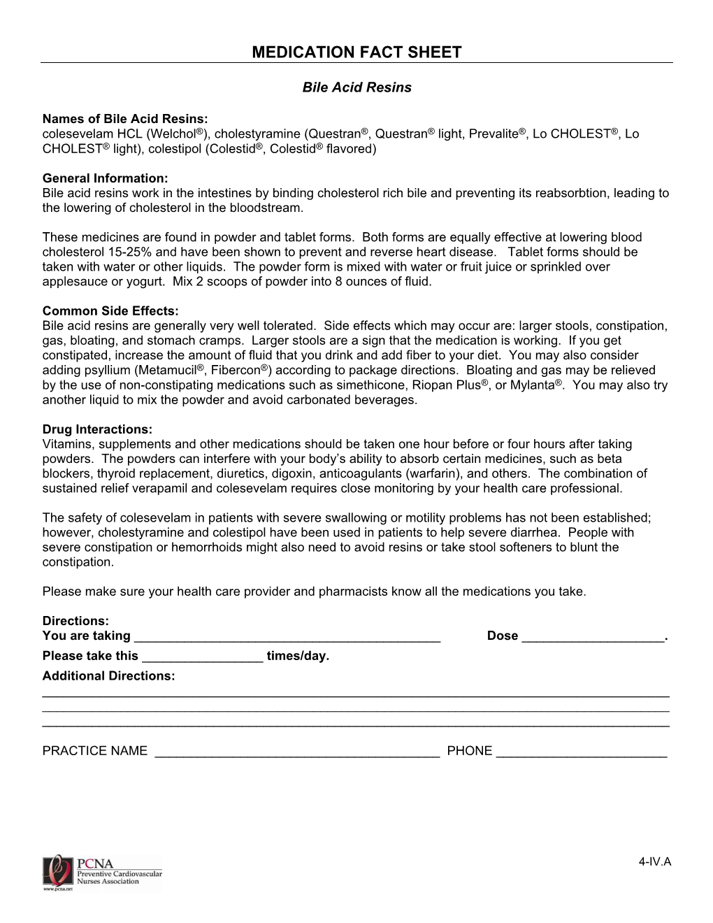 Cholesterol Medication Fact Sheets