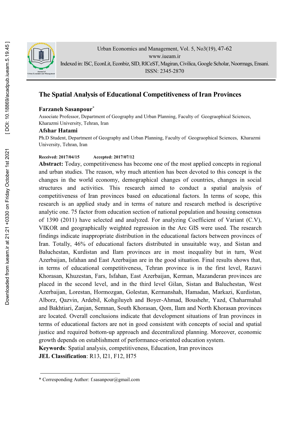 The Spatial Analysis of Educational Competitiveness of Iran Provinces