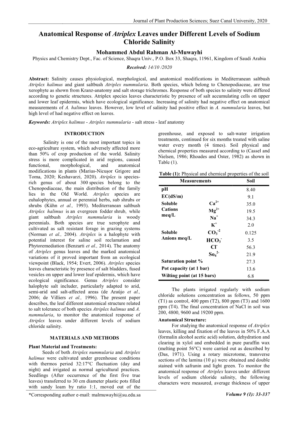 Anatomical Response of Atriplex Leaves Under Different Levels of Sodium Chloride Salinity Mohammed Abdul Rahman Al-Muwayhi Physics and Chemistry Dept., Fac