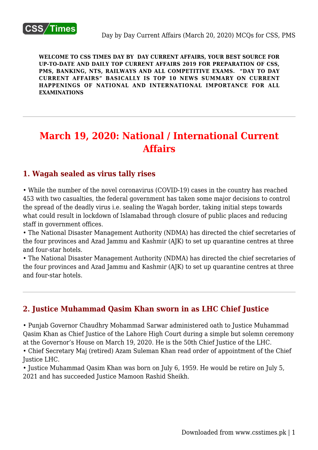 Day by Day Current Affairs (March 20, 2020) Mcqs for CSS, PMS