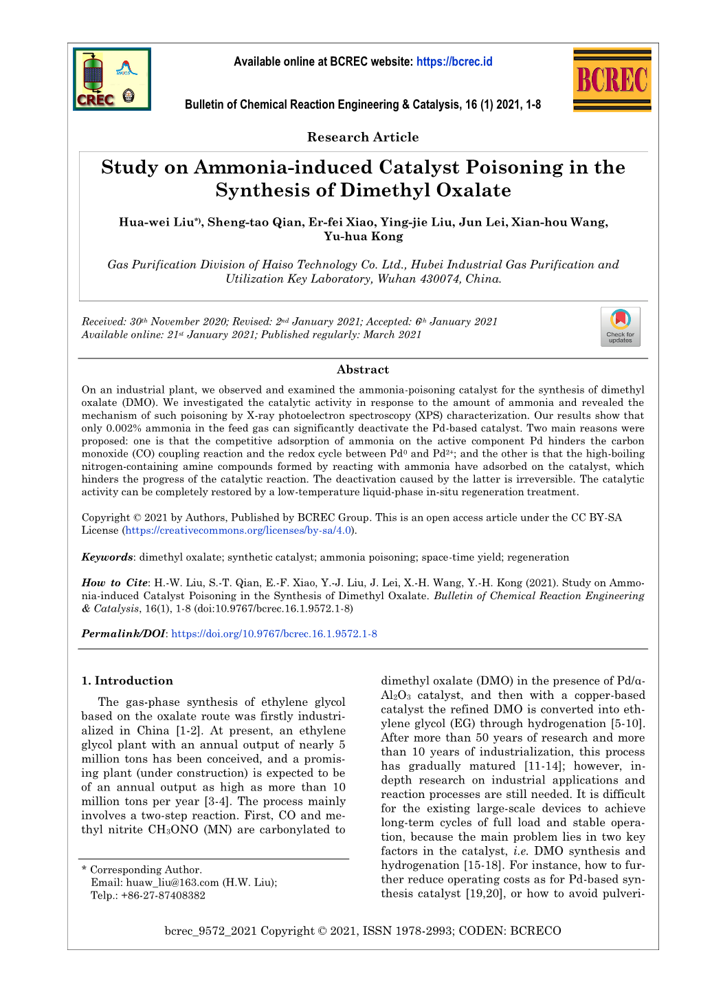 Study on Ammonia-Induced Catalyst Poisoning in the Synthesis of Dimethyl Oxalate