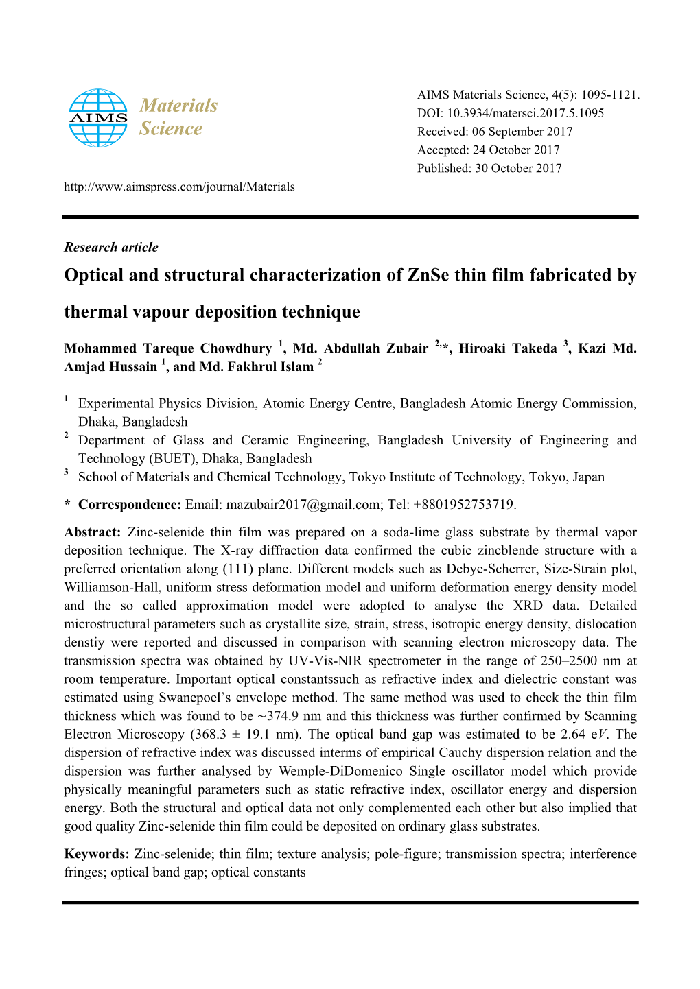 Optical and Structural Characterization of Znse Thin Film Fabricated by Thermal Vapour Deposition Technique