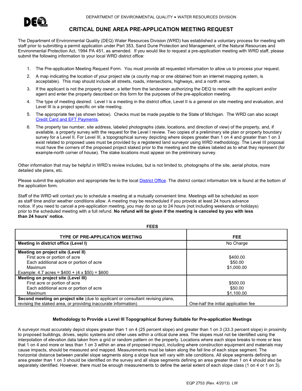 Critical Dune Area Pre-Application Meeting Request