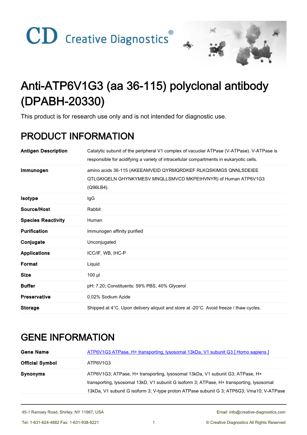 Anti-ATP6V1G3 (Aa 36-115) Polyclonal Antibody (DPABH-20330) This Product Is for Research Use Only and Is Not Intended for Diagnostic Use