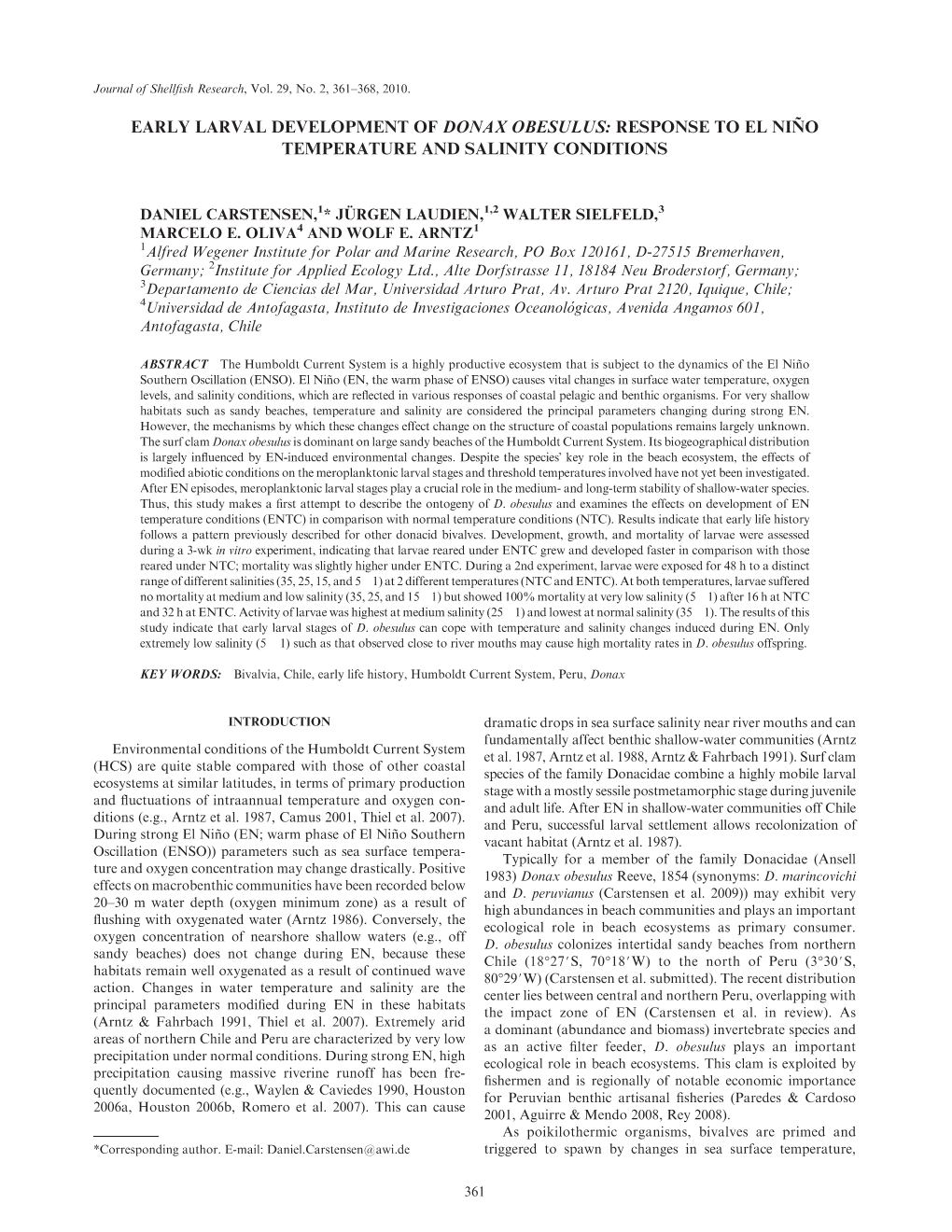 Early Larval Development of Donax Obesulus: Response to El Nin˜O Temperature and Salinity Conditions