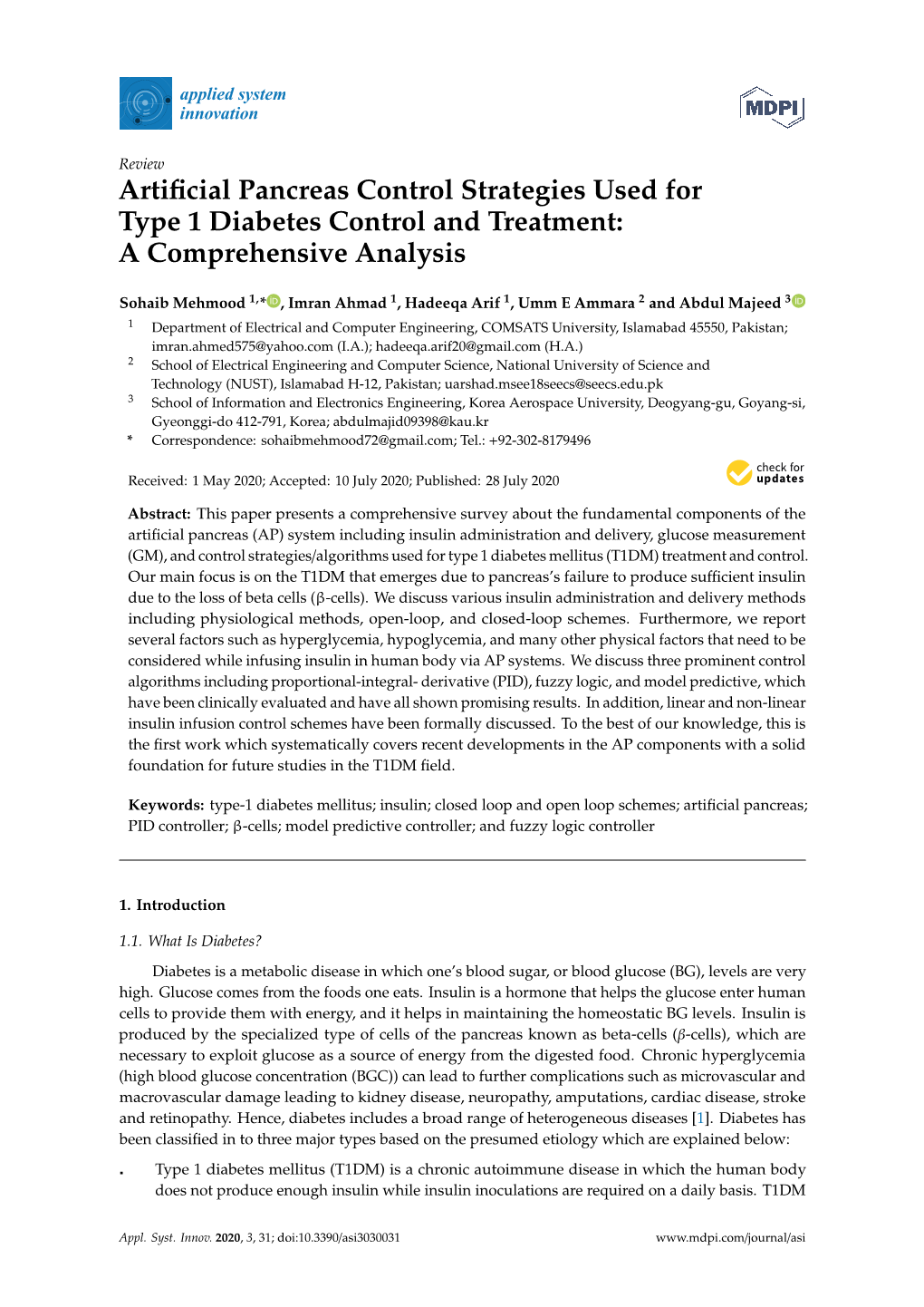 Artificial Pancreas Control Strategies Used for Type 1 Diabetes