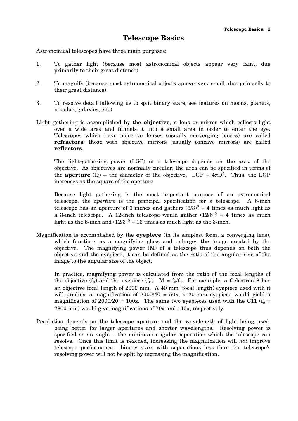 Telescope Basics: 1 Telescope Basics