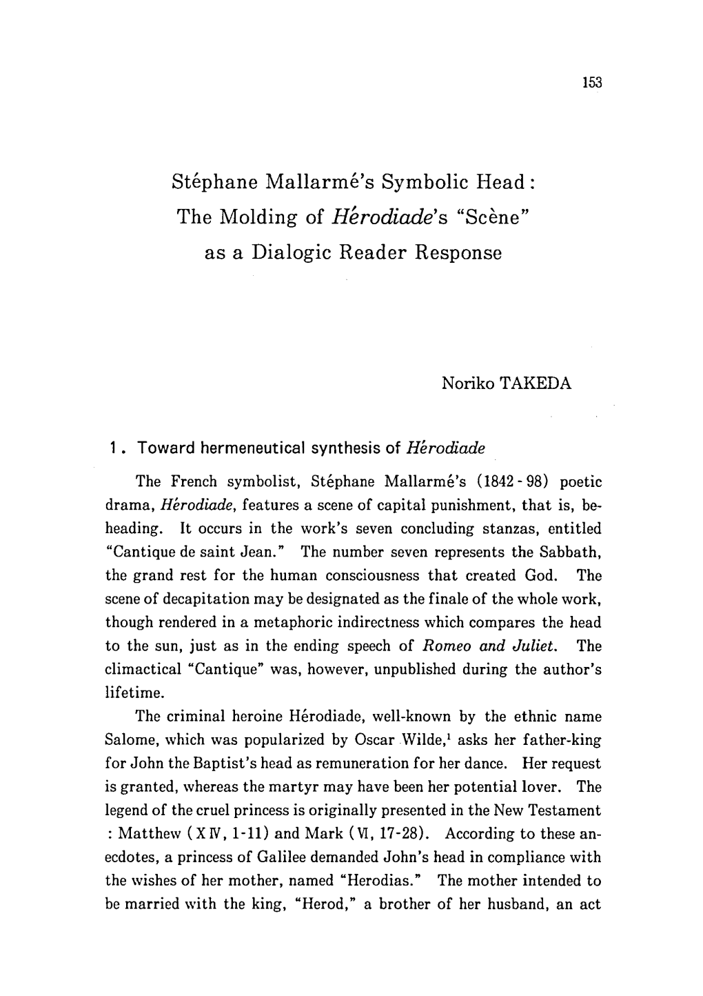 Stéphane Mallarmé's Symbolic Head : the Molding of Hérodiade's "Scène" As a Dialogic Reader Response