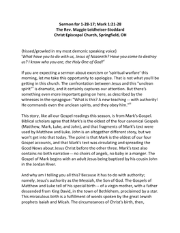 Sermon for 1-28-17; Mark 1:21-28 the Rev. Maggie Leidheiser-Stoddard Christ Episcopal Church, Springfield, OH