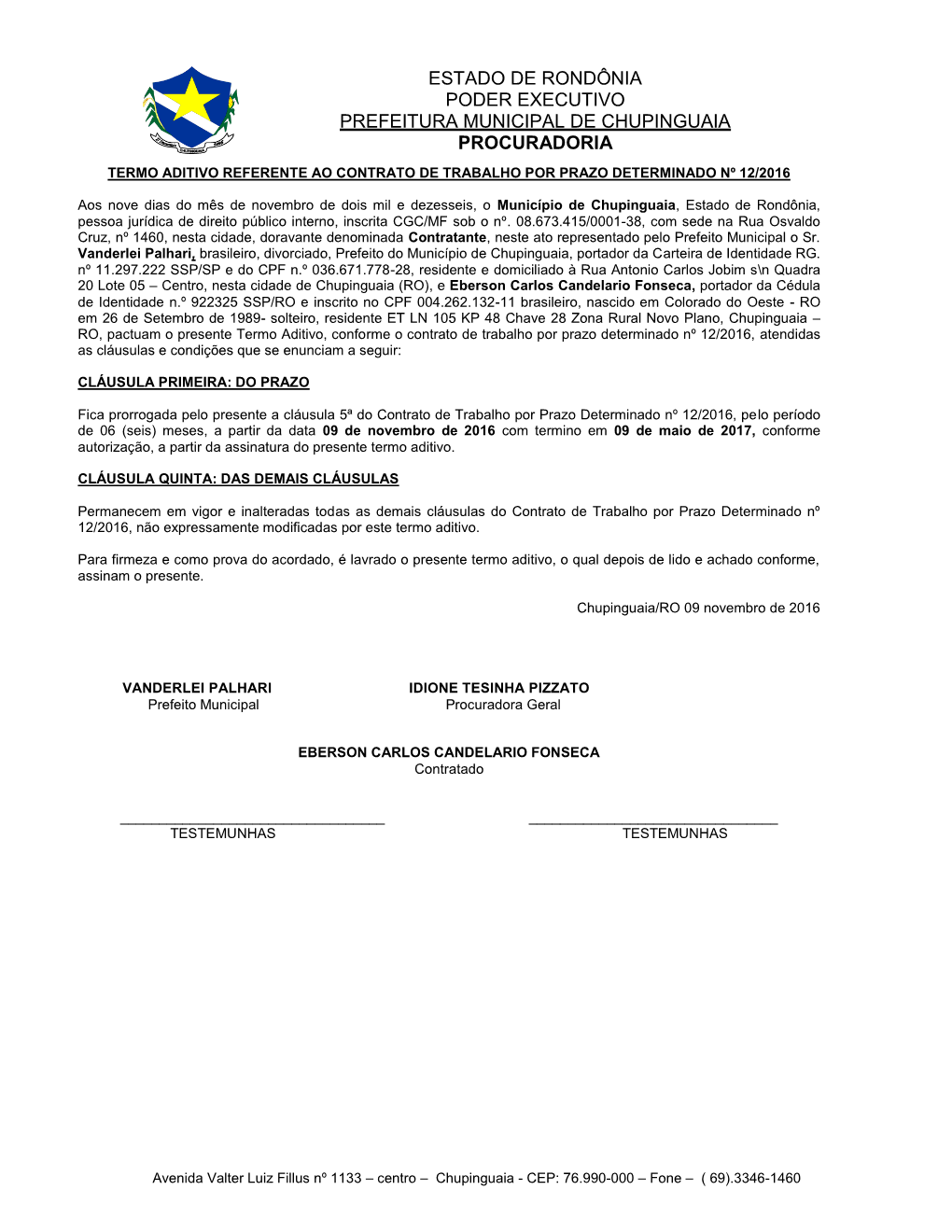 Estado De Rondônia Poder Executivo Prefeitura Municipal De Chupinguaia Procuradoria