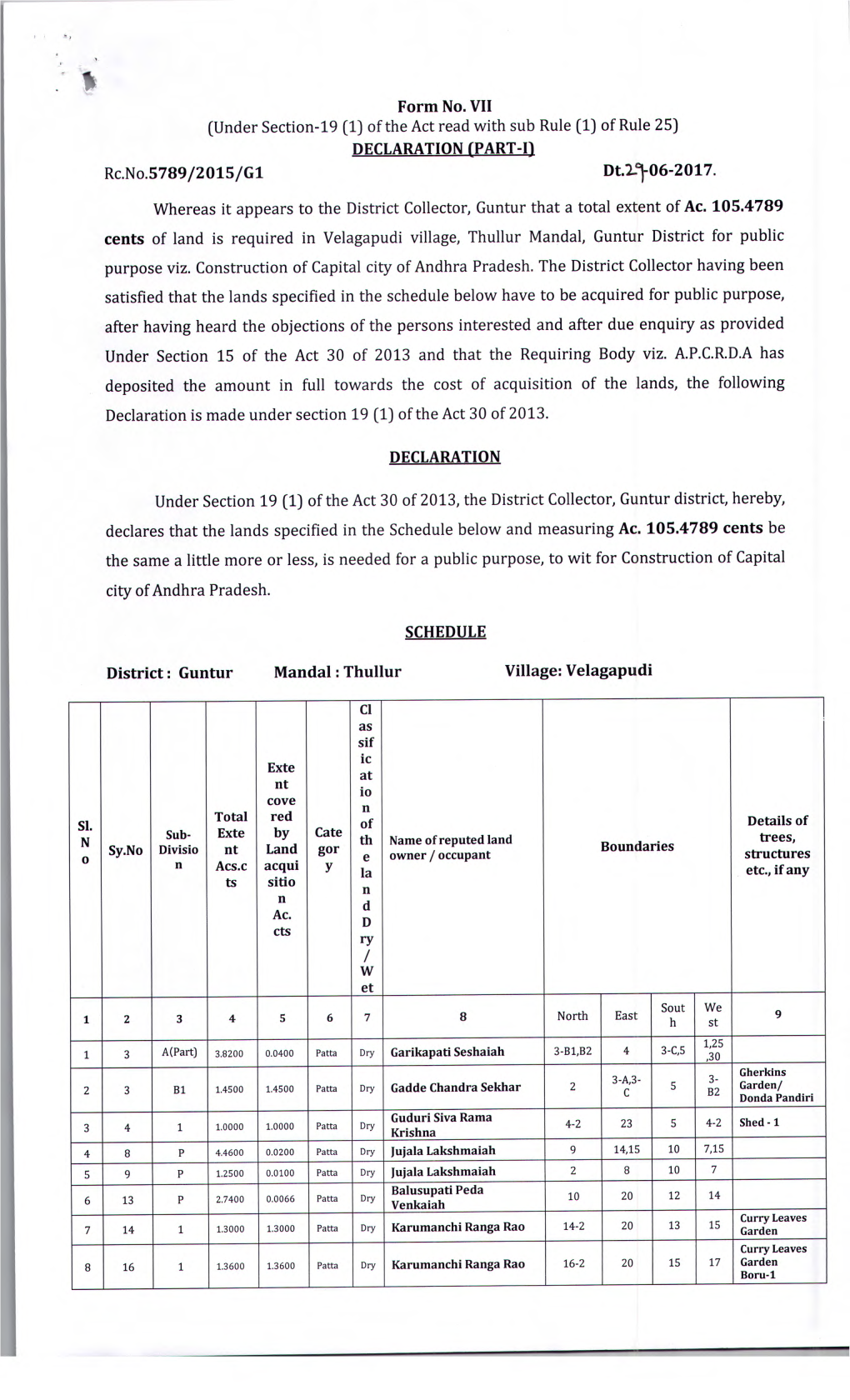 Dt.21-06-2017. Whereas It Appears to the District Collector, Guntur That a Total Extent of Ac