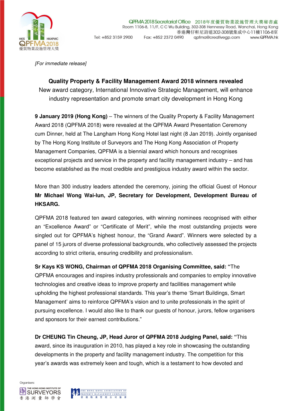 Quality Property & Facility Management Award 2018 Winners