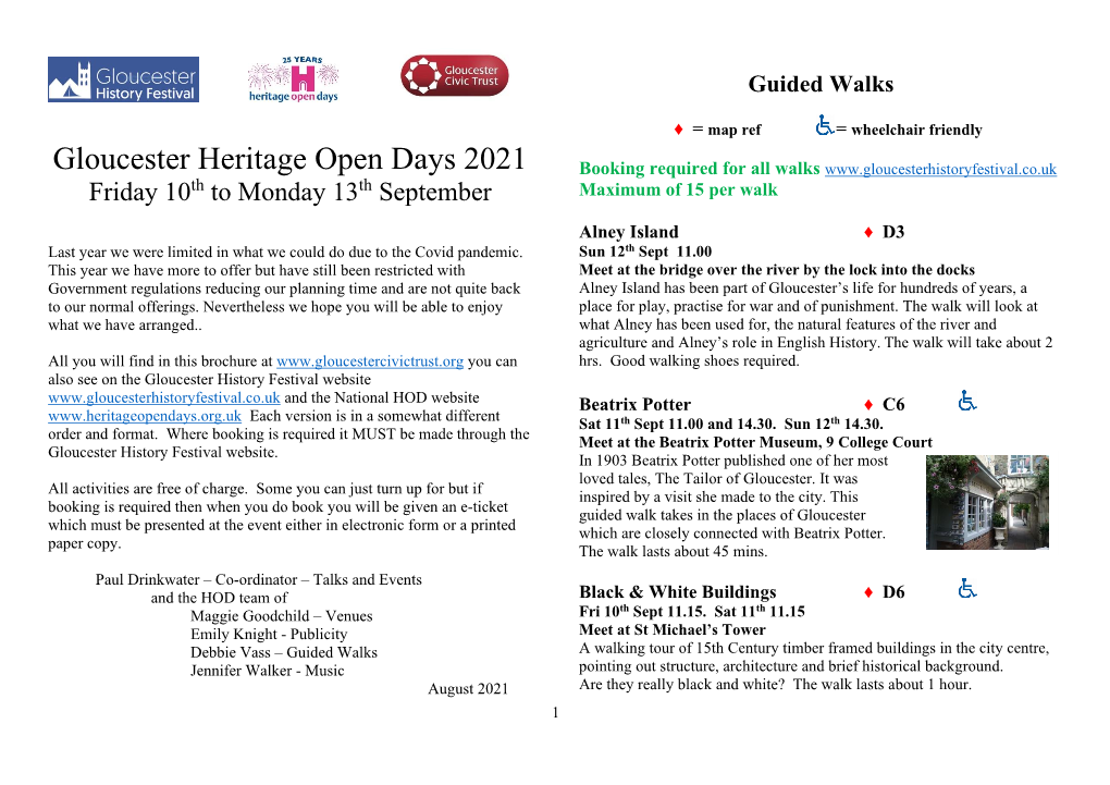 Gloucester Heritage Open Days 2021 Booking Required for All Walks Friday 10Th to Monday 13Th September Maximum of 15 Per Walk