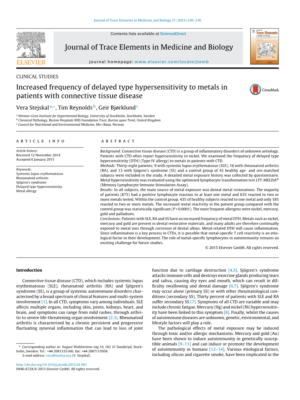 Increased Frequency of Delayed Type Hypersensitivity to Metals In