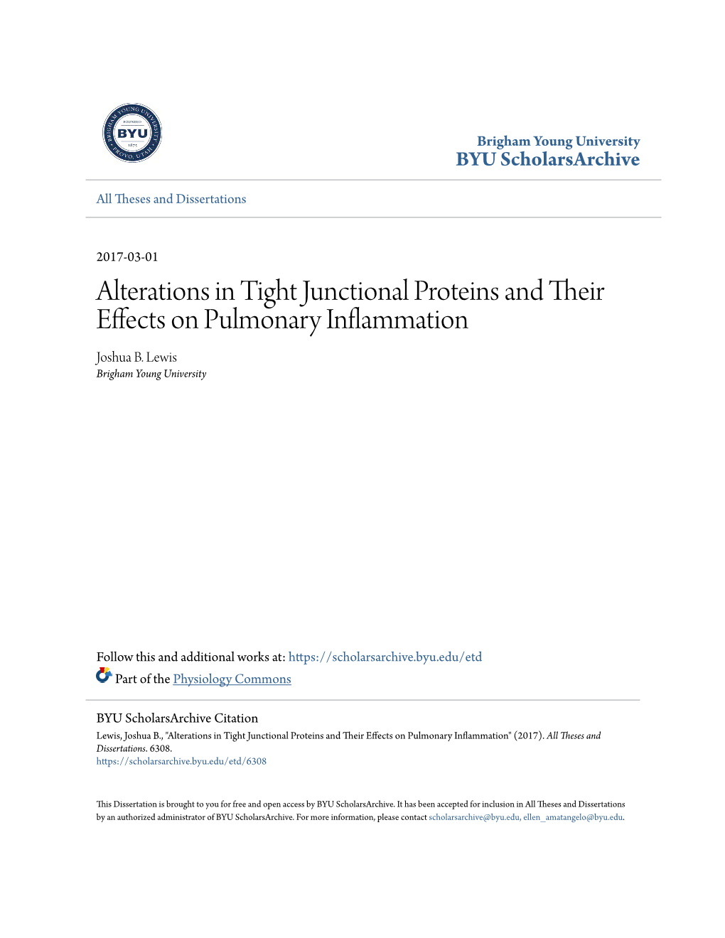 Alterations in Tight Junctional Proteins and Their Effects on Pulmonary Inflammation Joshua B
