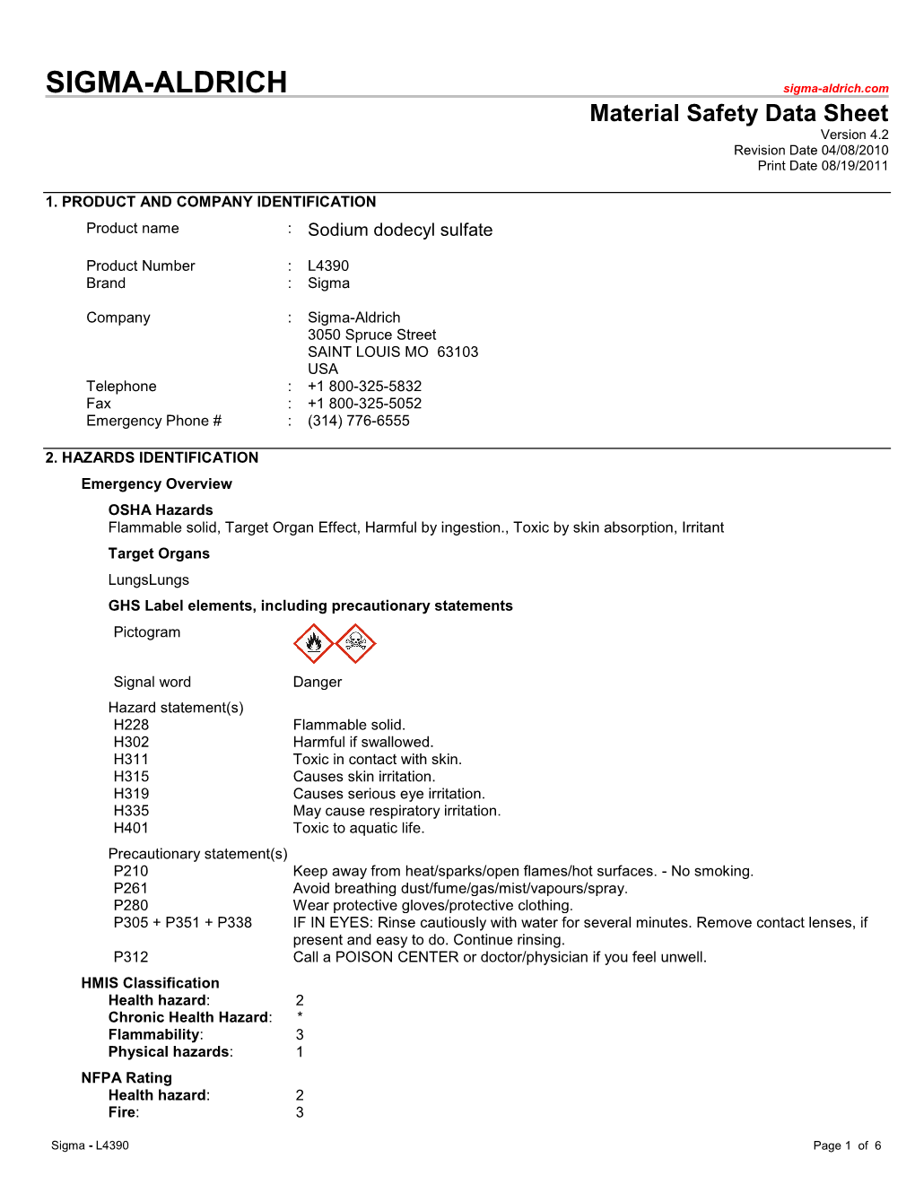 MSDS Sodium Dodecyl Sulfate