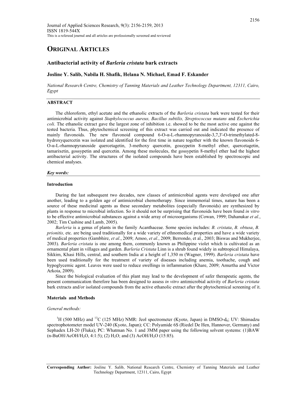 ORIGINAL ARTICLES Antibacterial Activity of Barleria Cristata Bark