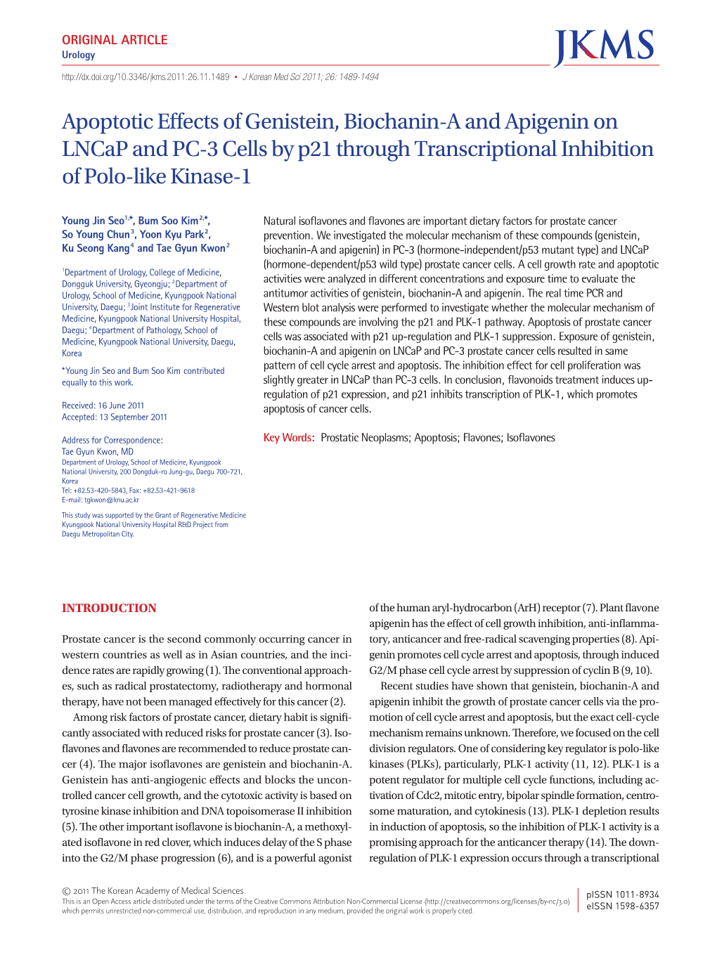 Apoptotic Effects of Genistein, Biochanin-A and Apigenin on Lncap and PC-3 Cells by P21 Through Transcriptional Inhibition of Polo-Like Kinase-1