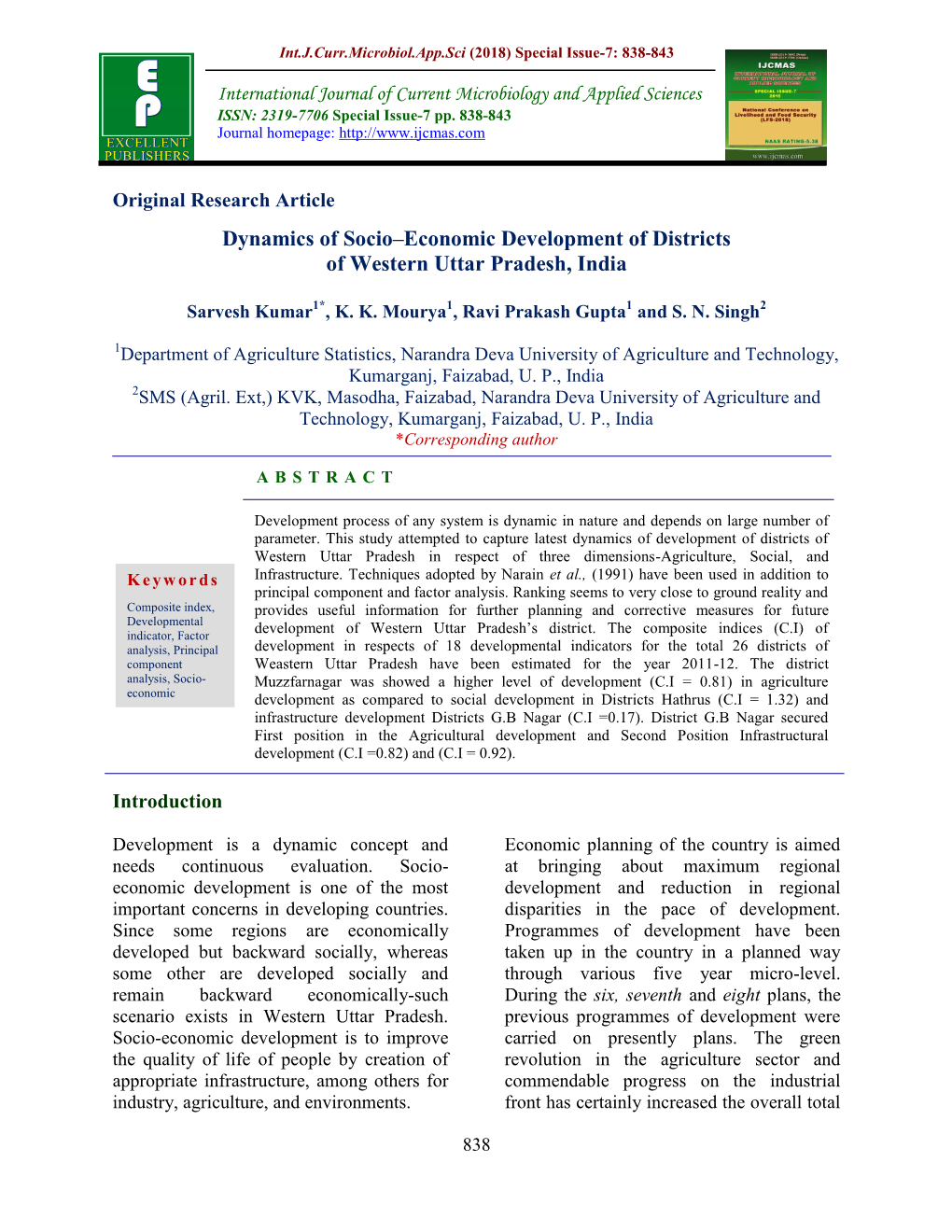 Dynamics of Socio–Economic Development of Districts of Western Uttar Pradesh, India