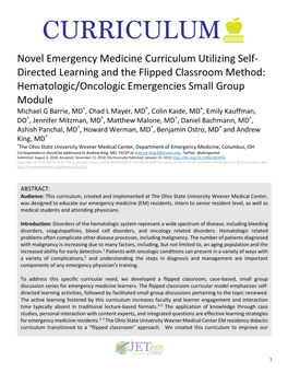 Novel Emergency Medicine Curriculum Utilizing Self- Directed Learning and the Flipped Classroom Method: Hematologic/Oncologic Emergencies Small Group