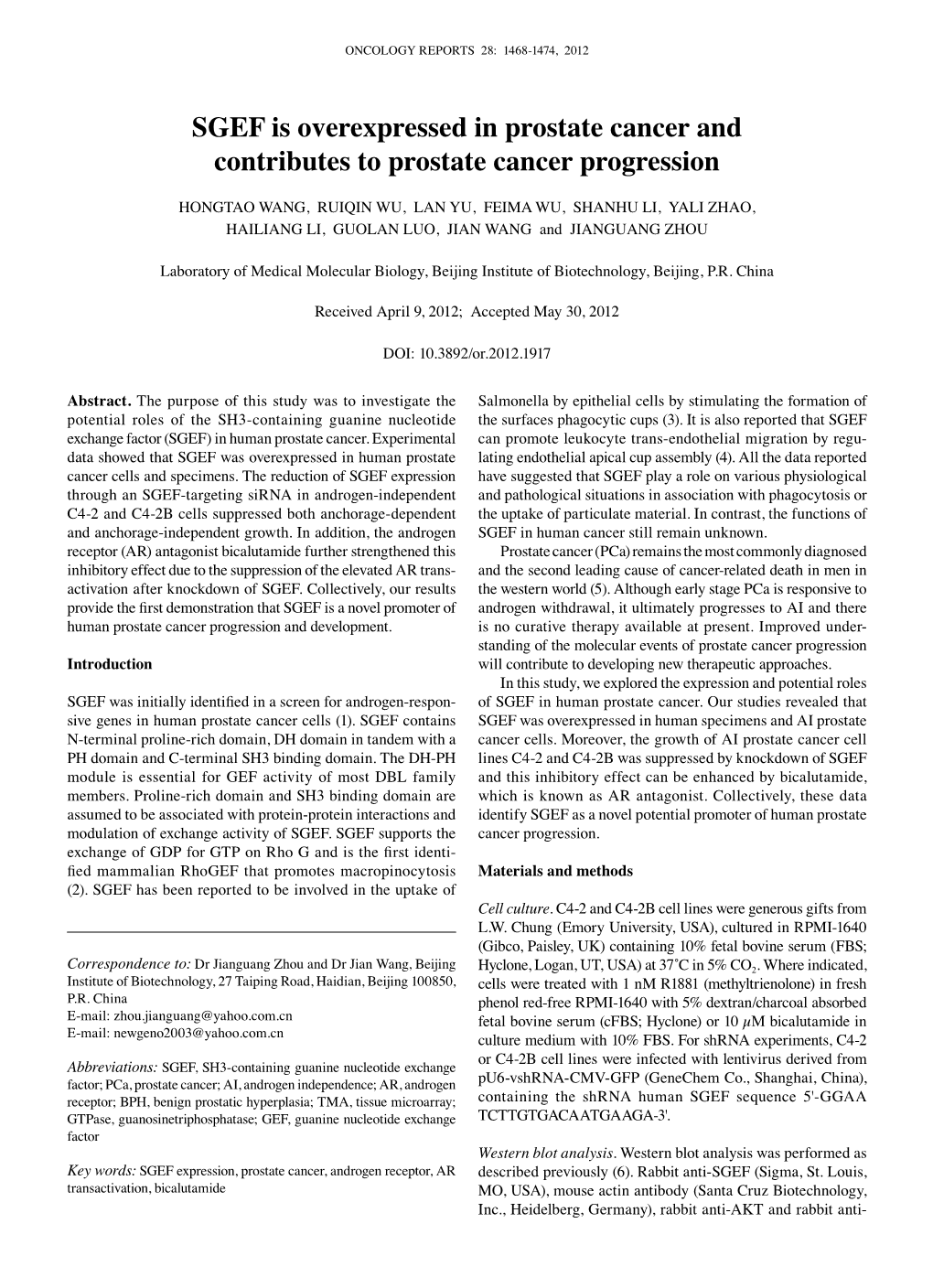 SGEF Is Overexpressed in Prostate Cancer and Contributes to Prostate Cancer Progression