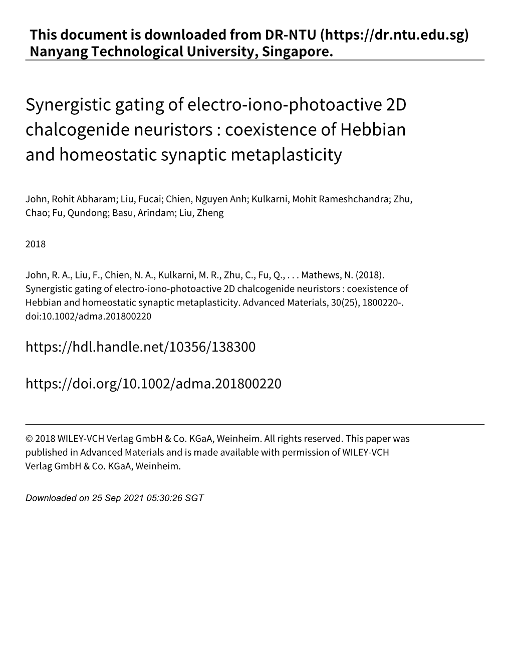 Synergistic Gating of Electro‑Iono‑Photoactive 2D Chalcogenide Neuristors : Coexistence of Hebbian and Homeostatic Synaptic Metaplasticity
