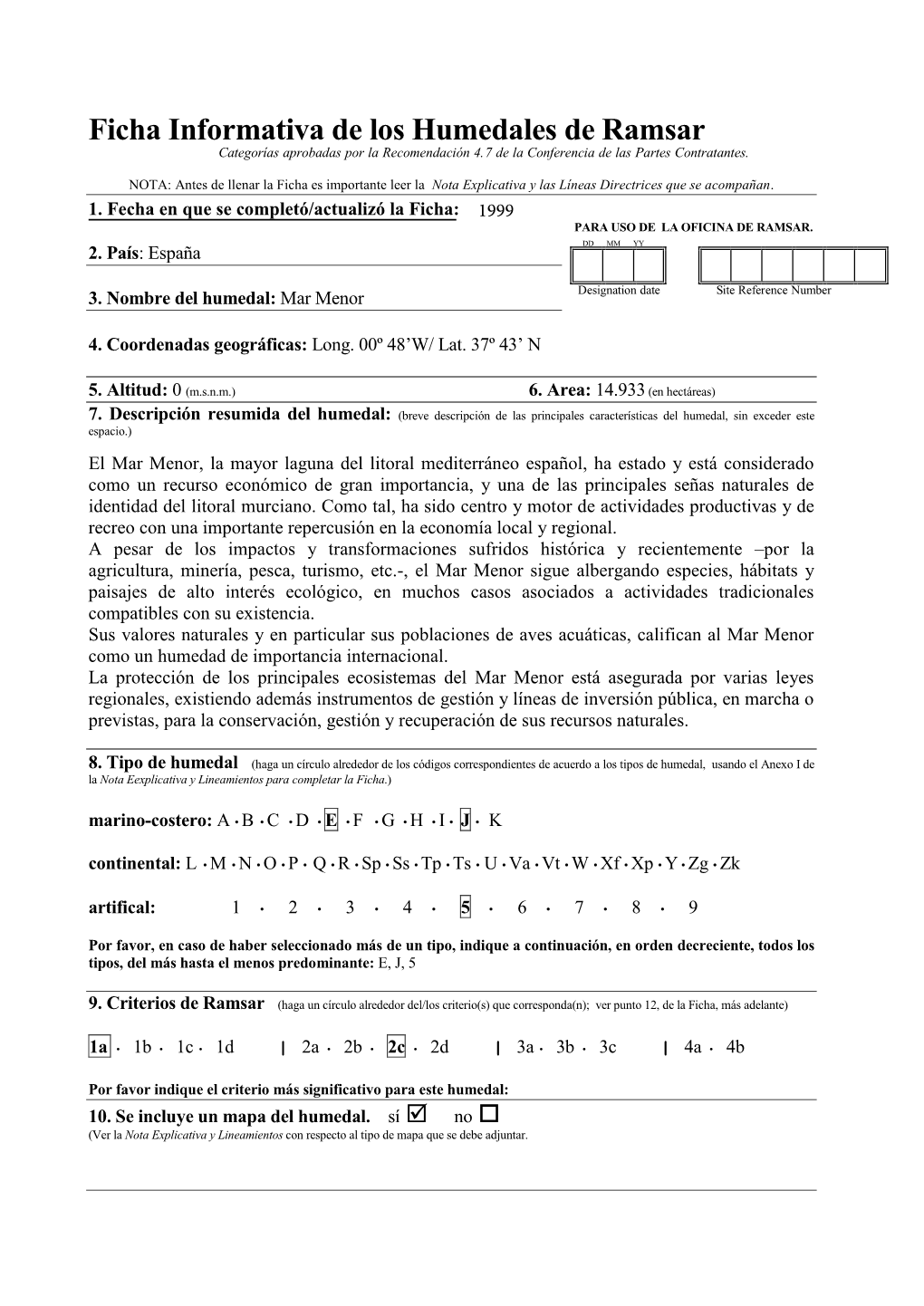 Ficha Informativa De Los Humedales De Ramsar Categorías Aprobadas Por La Recomendación 4.7 De La Conferencia De Las Partes Contratantes