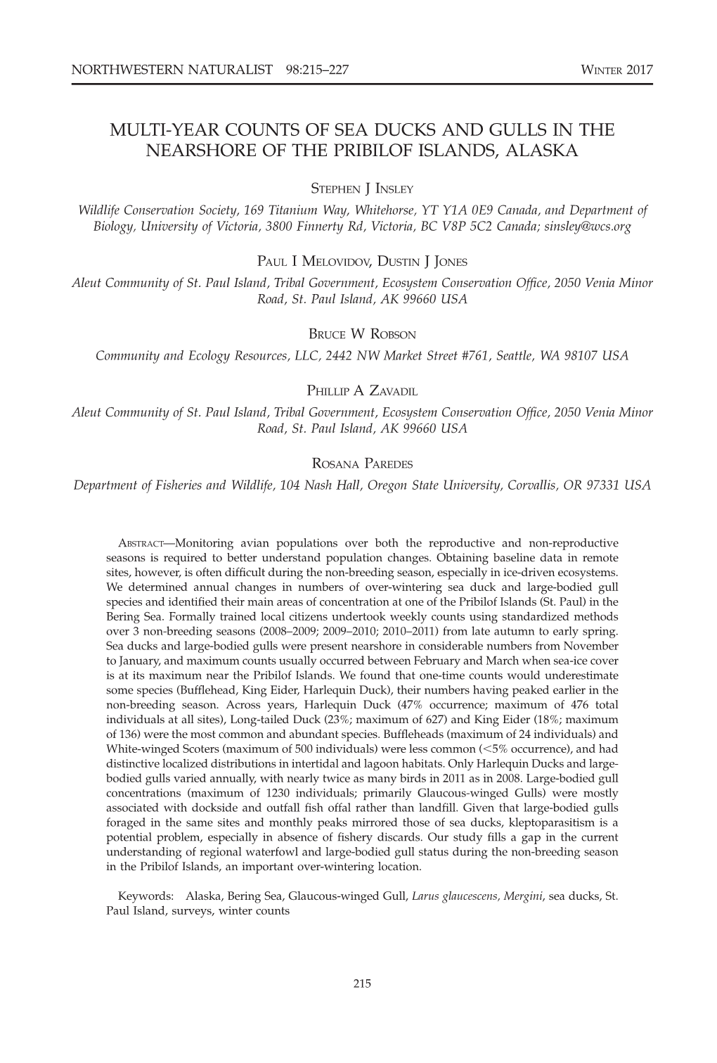 Multi-Year Counts of Sea Ducks and Gulls in the Nearshore of the Pribilof Islands, Alaska