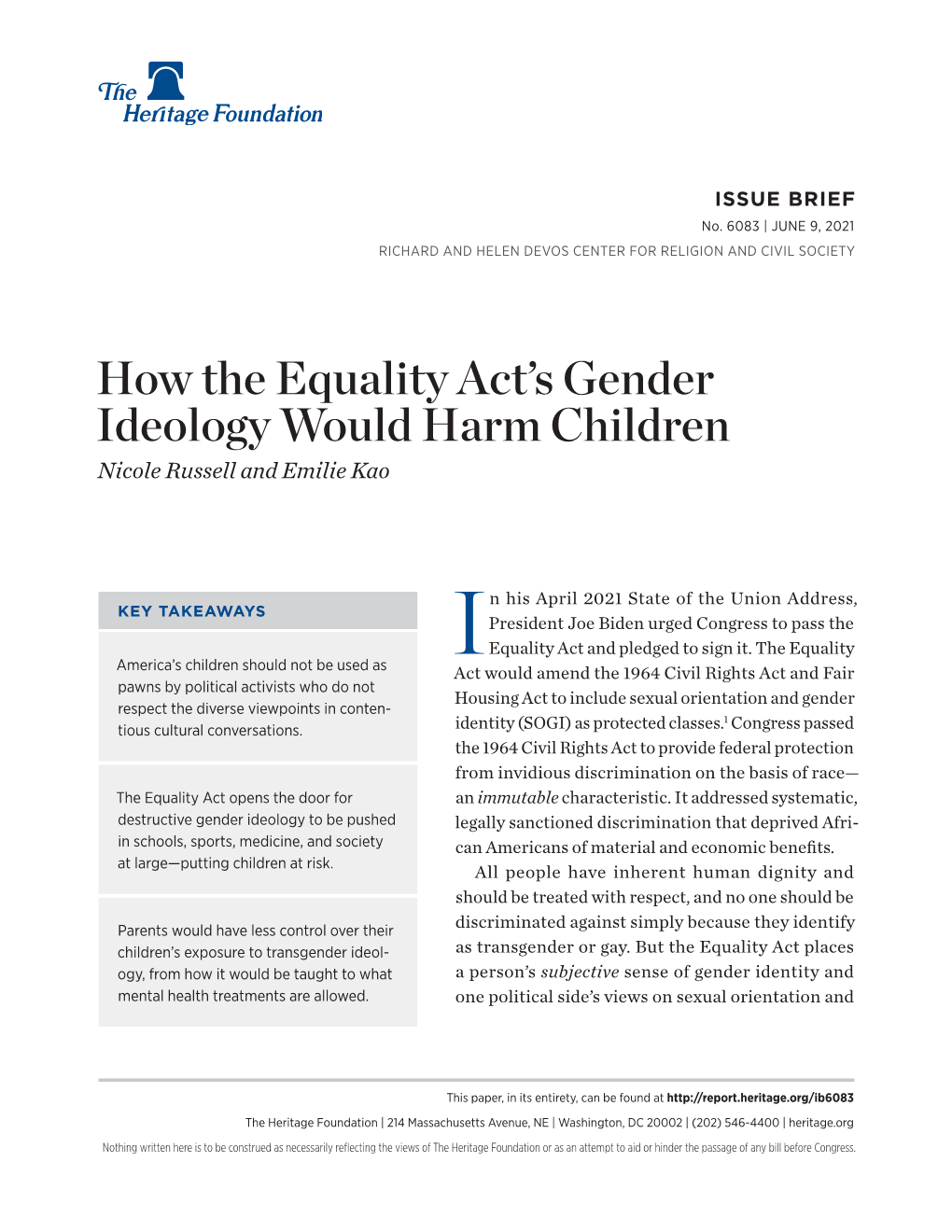 How the Equality Act's Gender Ideology Would Harm Children