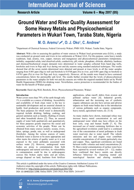 Ground Water and River Quality Assessment for Some Heavy Metals and Physicochemical Parameters in Wukari Town, Taraba State, Nigeria M