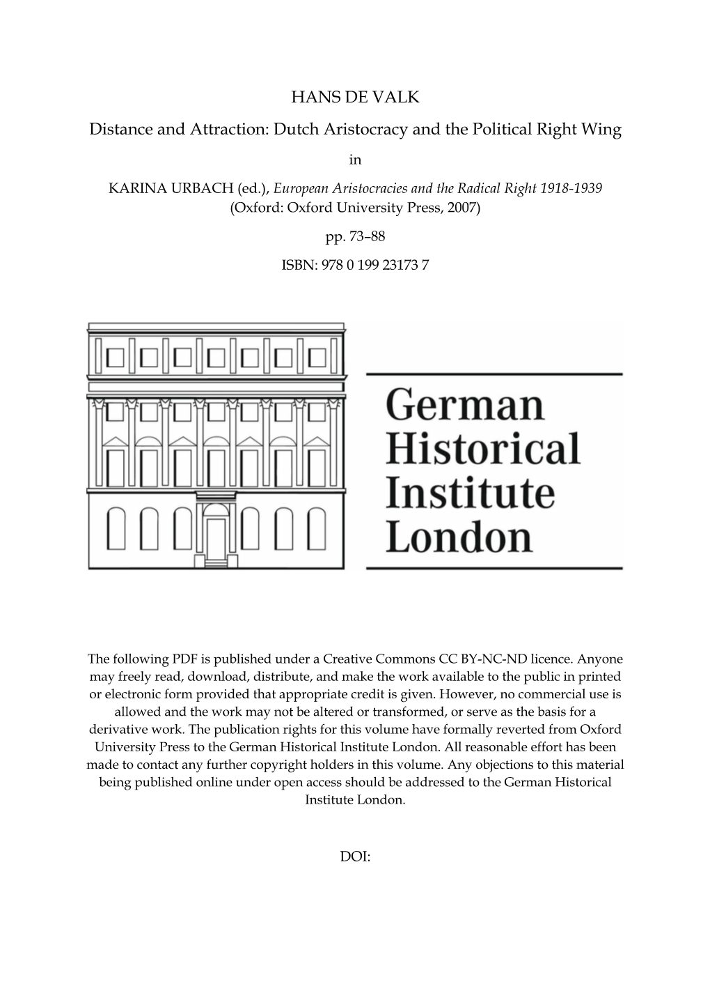 HANS DE VALK Distance and Attraction: Dutch Aristocracy and the Political Right Wing