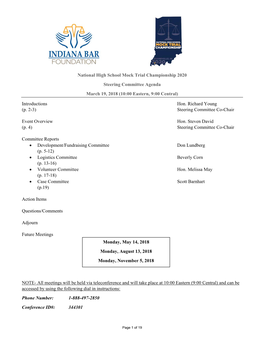 National High School Mock Trial Championship 2020 Steering Committee Agenda March 19, 2018 (10:00 Eastern, 9:00 Central)