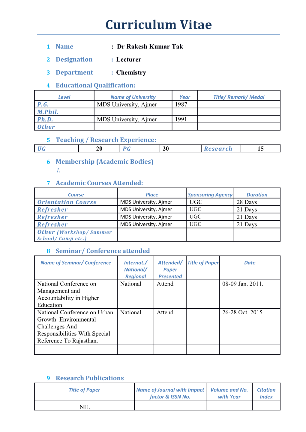 1 Name : Dr Rakesh Kumar Tak