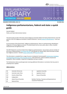 Indigenous Parliamentarians, Federal and State: a Quick Guide
