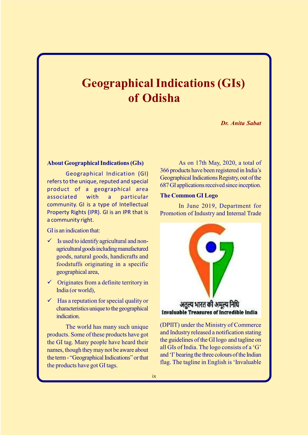 Geographical Indications (Gis) of Odisha