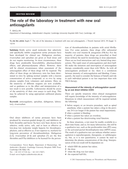 The Role of the Laboratory in Treatment with New Oral Anticoagulants