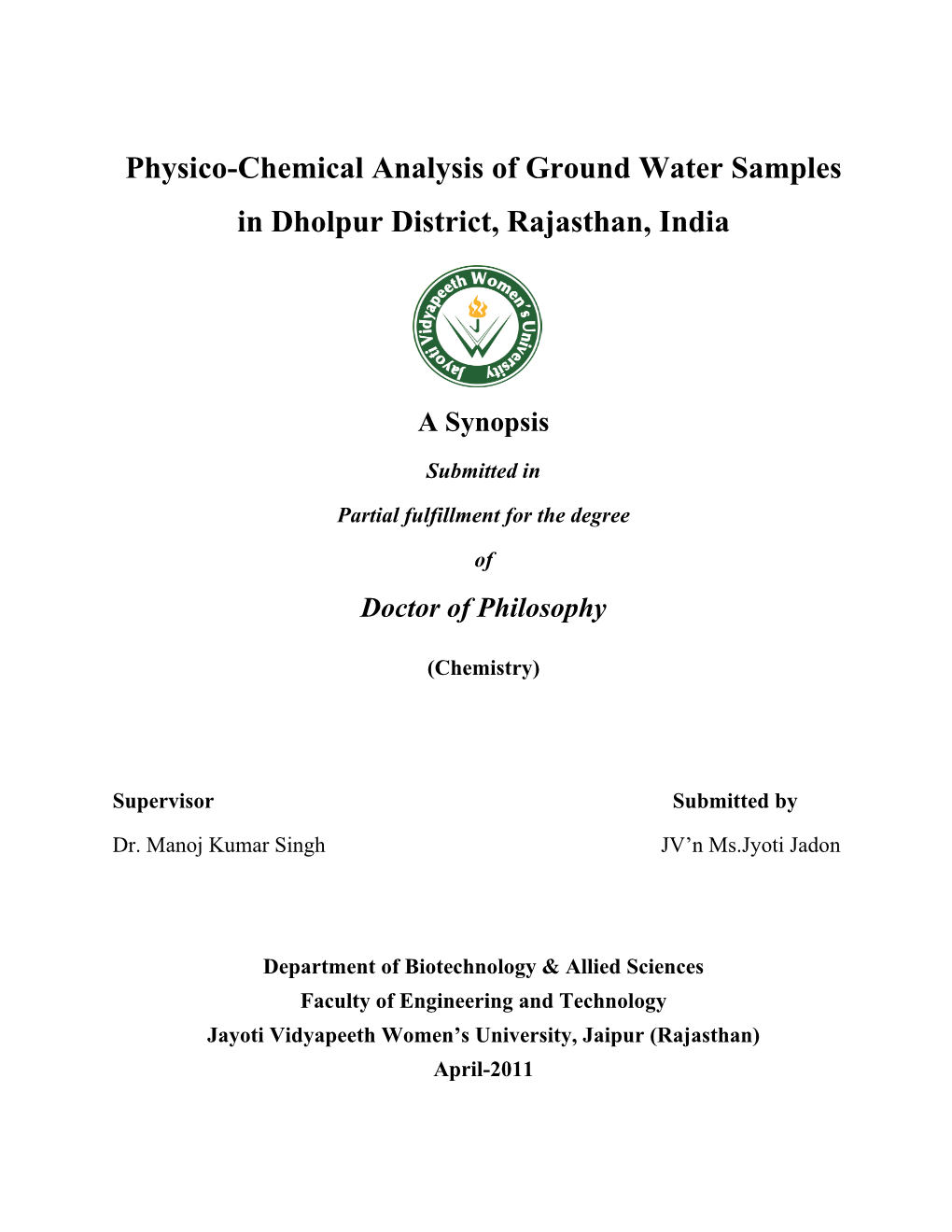 Physico-Chemical Analysis of Ground Water Samples in Dholpur District, Rajasthan, India