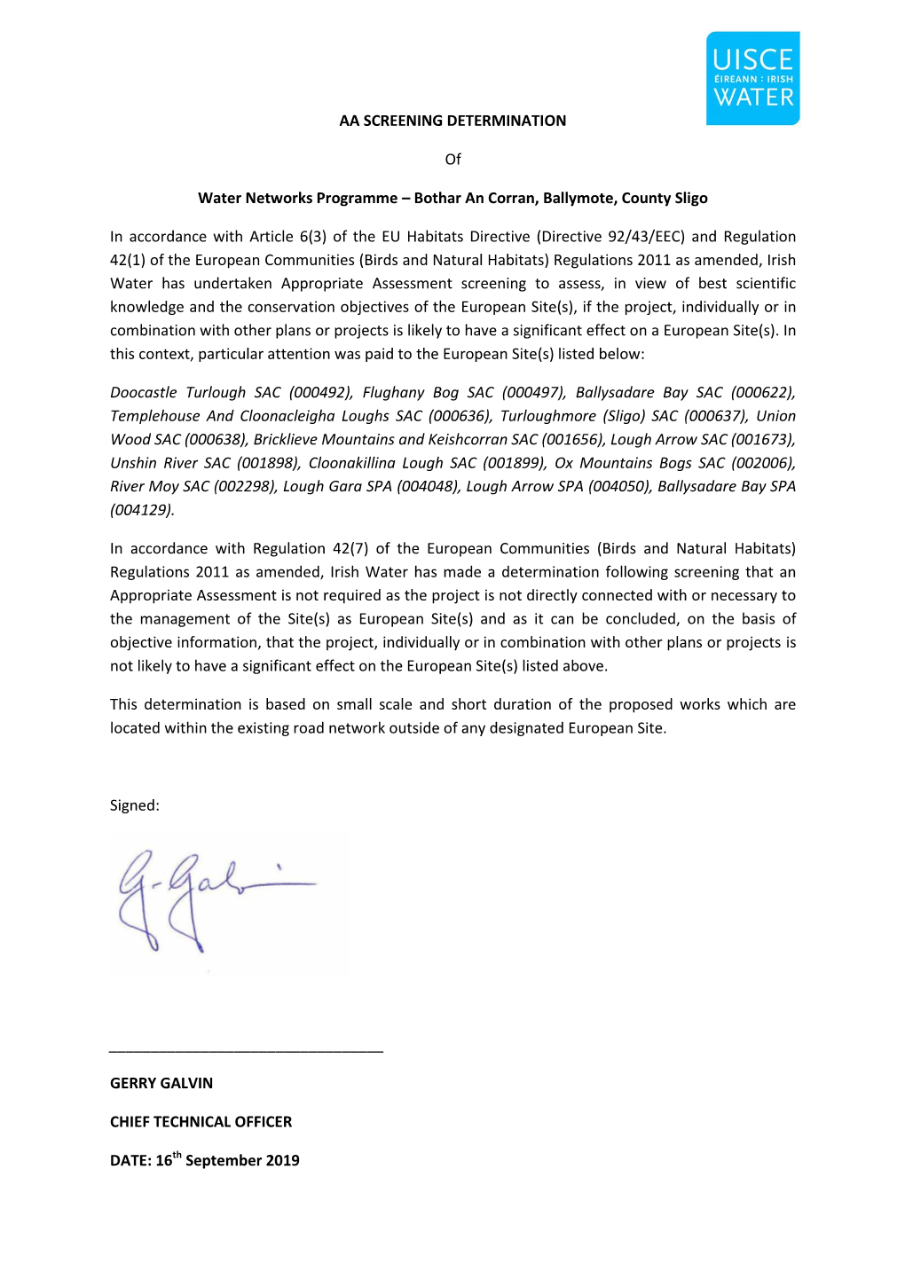 AA SCREENING DETERMINATION of Water Networks Programme