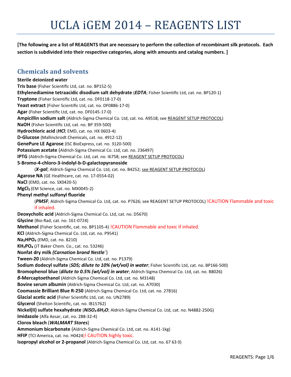 UCLA Igem 2014 – REAGENTS LIST